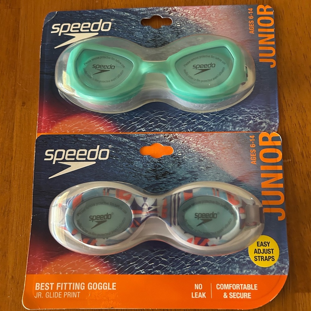 Speedo Junior Glide Print Swim Goggles bundle Anti-Fog, Ages 6-14